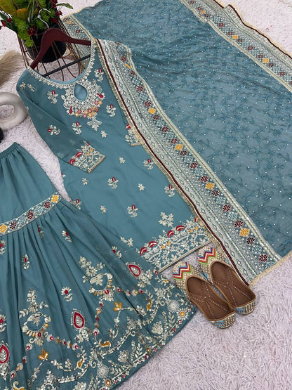 New Designer Party Wear Look Top-Plazzo and Dupatta With Heavy Embroidery Work