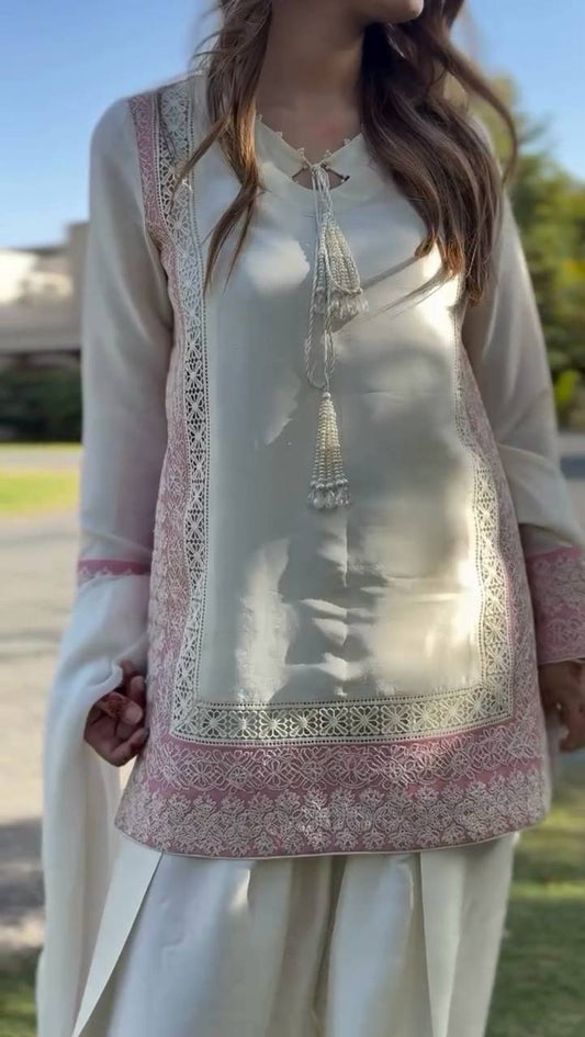KURTA AND FARSHI SALWAAR SET WITH  DUPATTA WITH SEQUENCE EMBROIDERY WORK
