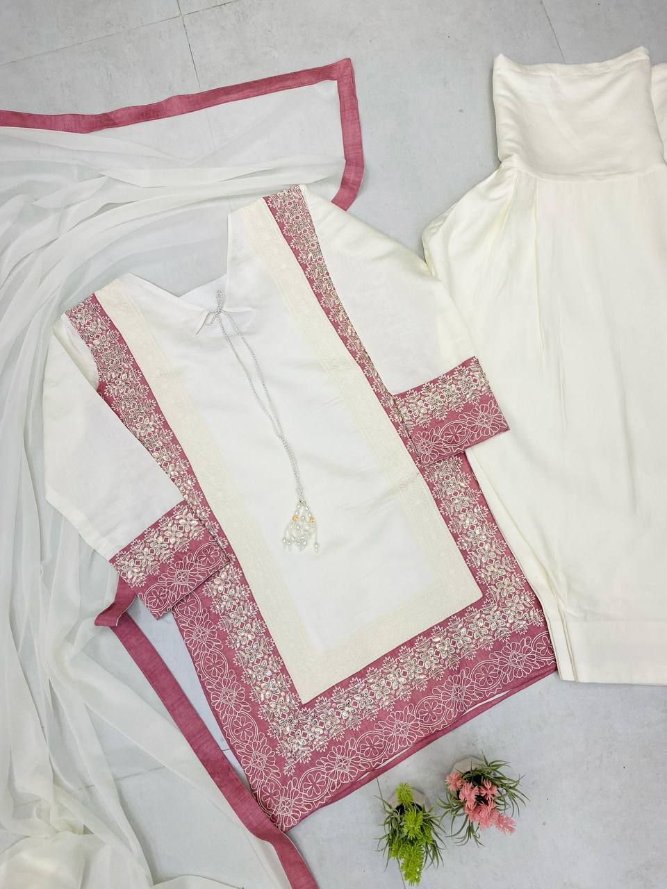 KURTA AND FARSHI SALWAAR SET WITH  DUPATTA WITH SEQUENCE EMBROIDERY WORK