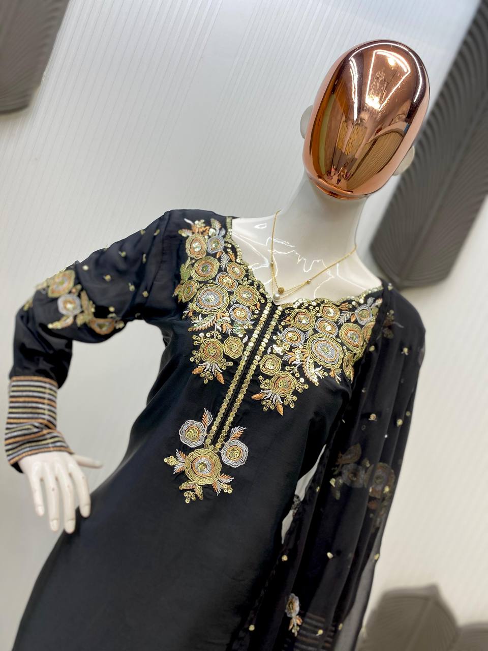 EXCLUSIVE DESIGNER CRAPE SILK WITH SEQUANCE EMBROIDERY WORK SUIT WITH SALWAAR AND DUPATTA