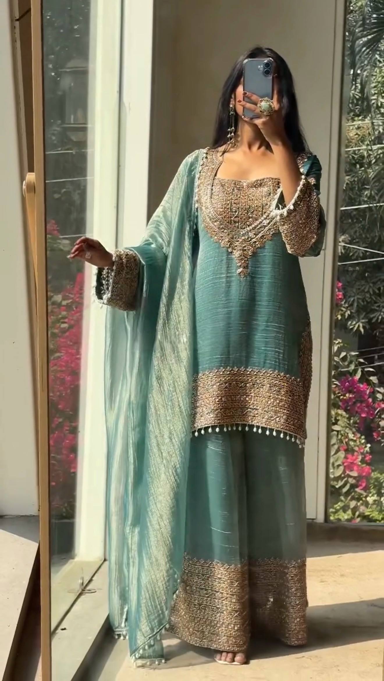 PERFECT FOR PARTY AND WEDDING OUR DESIGNER WEAR CORDING SEQUENCE EMBROIDERED TOP PLAZZO AND DUPATTA IN CHRUNCHY