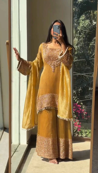 PERFECT FOR PARTY AND WEDDING OUR DESIGNER WEAR CORDING SEQUENCE EMBROIDERED TOP PLAZZO AND DUPATTA IN CHRUNCHY