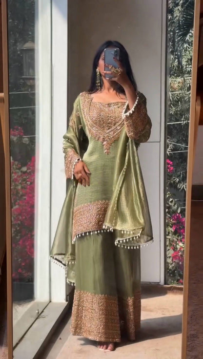 PERFECT FOR PARTY AND WEDDING OUR DESIGNER WEAR CORDING SEQUENCE EMBROIDERED TOP PLAZZO AND DUPATTA IN CHRUNCHY
