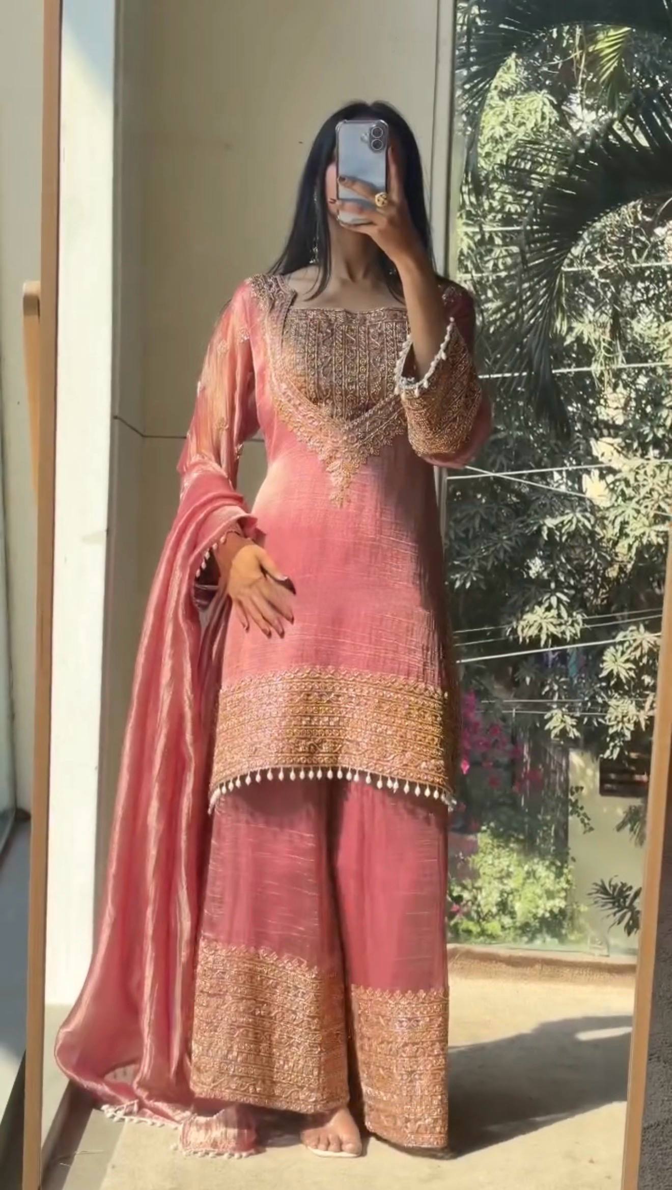 PERFECT FOR PARTY AND WEDDING OUR DESIGNER WEAR CORDING SEQUENCE EMBROIDERED TOP PLAZZO AND DUPATTA IN CHRUNCHY