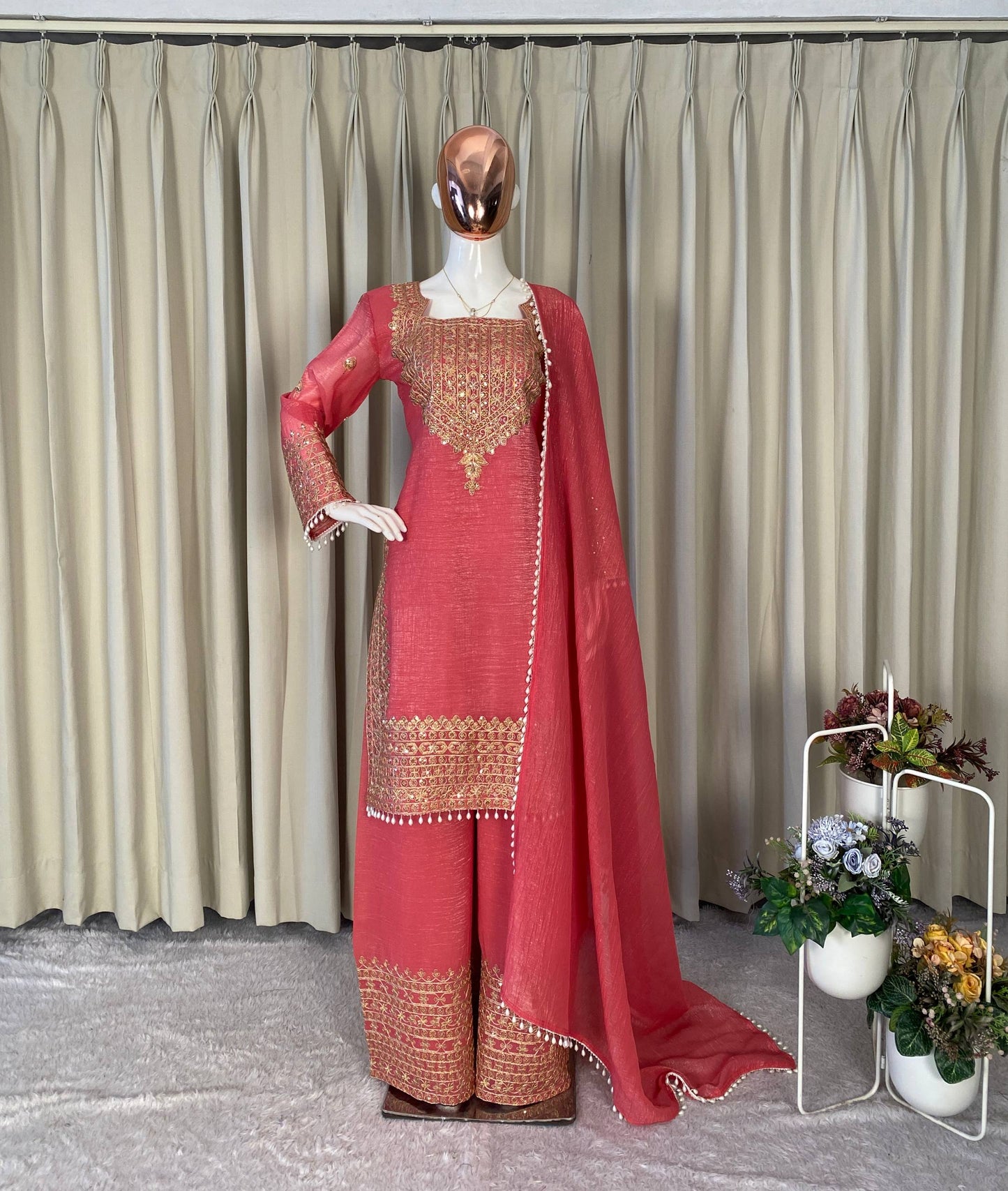 PERFECT FOR PARTY AND WEDDING OUR DESIGNER WEAR CORDING SEQUENCE EMBROIDERED TOP PLAZZO AND DUPATTA IN CHRUNCHY