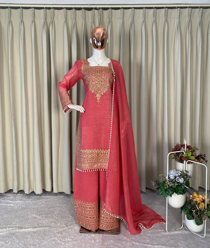 PERFECT FOR PARTY AND WEDDING OUR DESIGNER WEAR CORDING SEQUENCE EMBROIDERED TOP PLAZZO AND DUPATTA IN CHRUNCHY