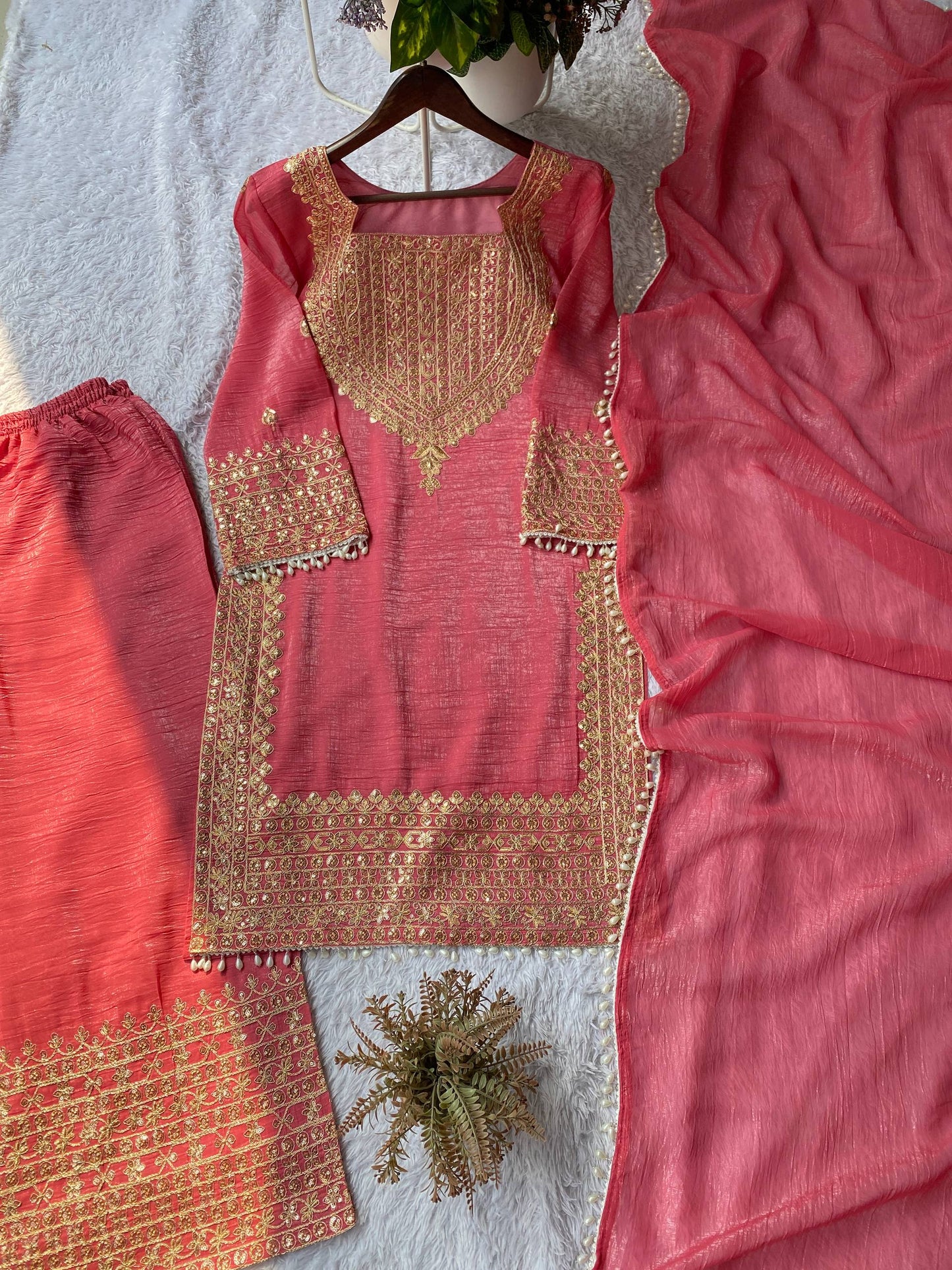 PERFECT FOR PARTY AND WEDDING OUR DESIGNER WEAR CORDING SEQUENCE EMBROIDERED TOP PLAZZO AND DUPATTA IN CHRUNCHY