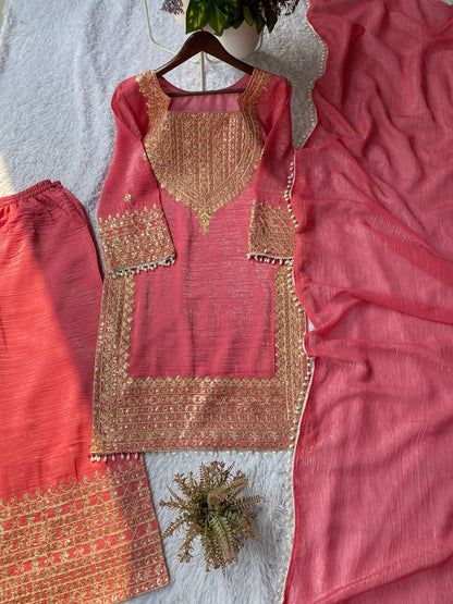 PERFECT FOR PARTY AND WEDDING OUR DESIGNER WEAR CORDING SEQUENCE EMBROIDERED TOP PLAZZO AND DUPATTA IN CHRUNCHY
