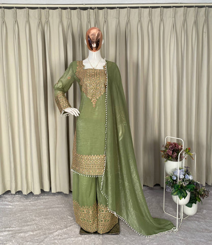 PERFECT FOR PARTY AND WEDDING OUR DESIGNER WEAR CORDING SEQUENCE EMBROIDERED TOP PLAZZO AND DUPATTA IN CHRUNCHY