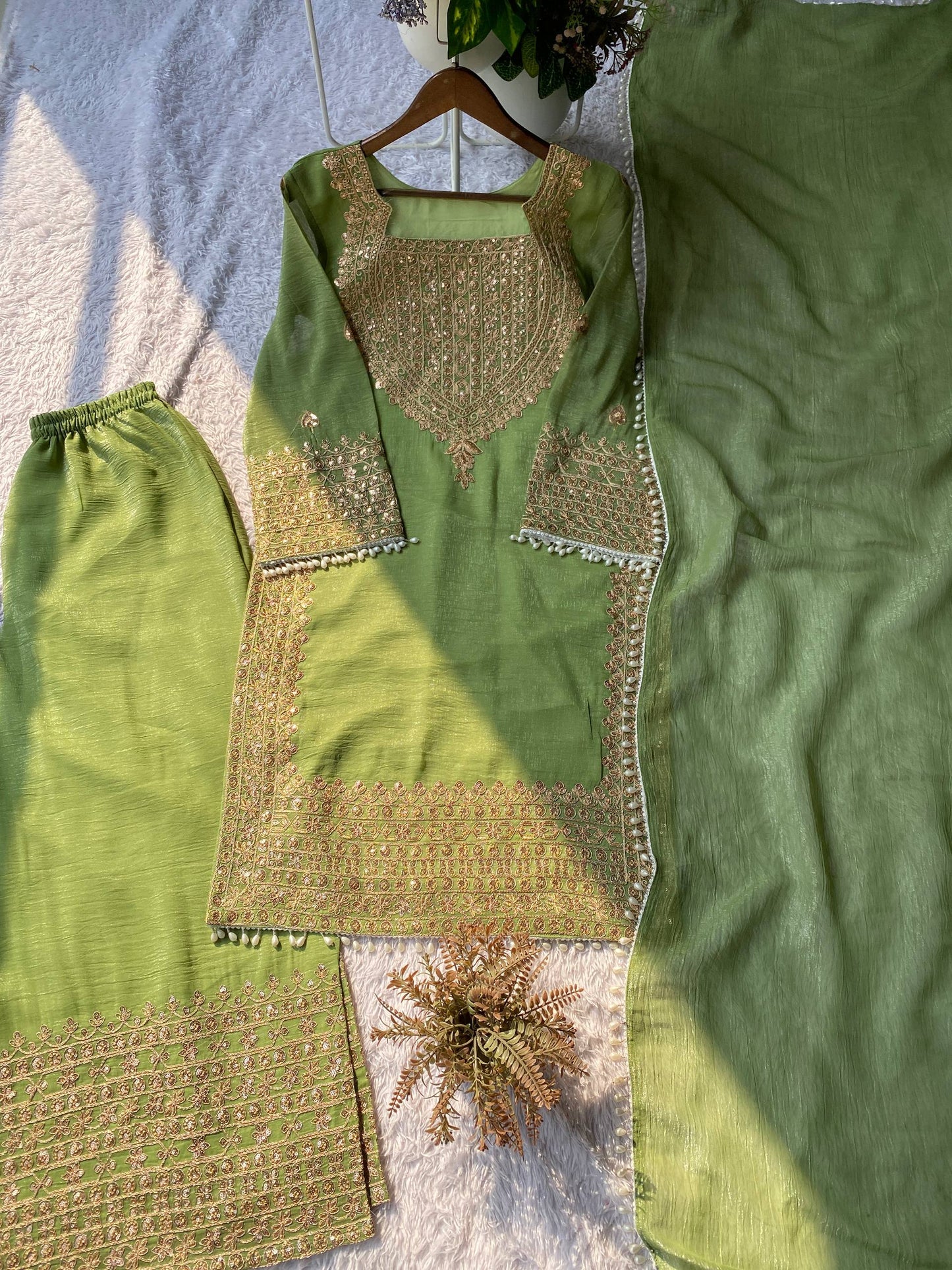 PERFECT FOR PARTY AND WEDDING OUR DESIGNER WEAR CORDING SEQUENCE EMBROIDERED TOP PLAZZO AND DUPATTA IN CHRUNCHY