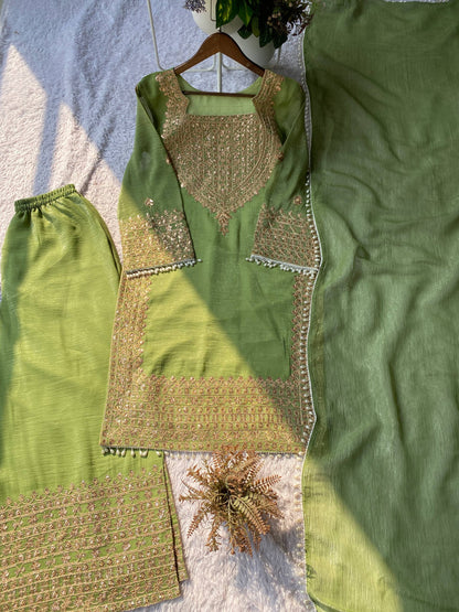 PERFECT FOR PARTY AND WEDDING OUR DESIGNER WEAR CORDING SEQUENCE EMBROIDERED TOP PLAZZO AND DUPATTA IN CHRUNCHY