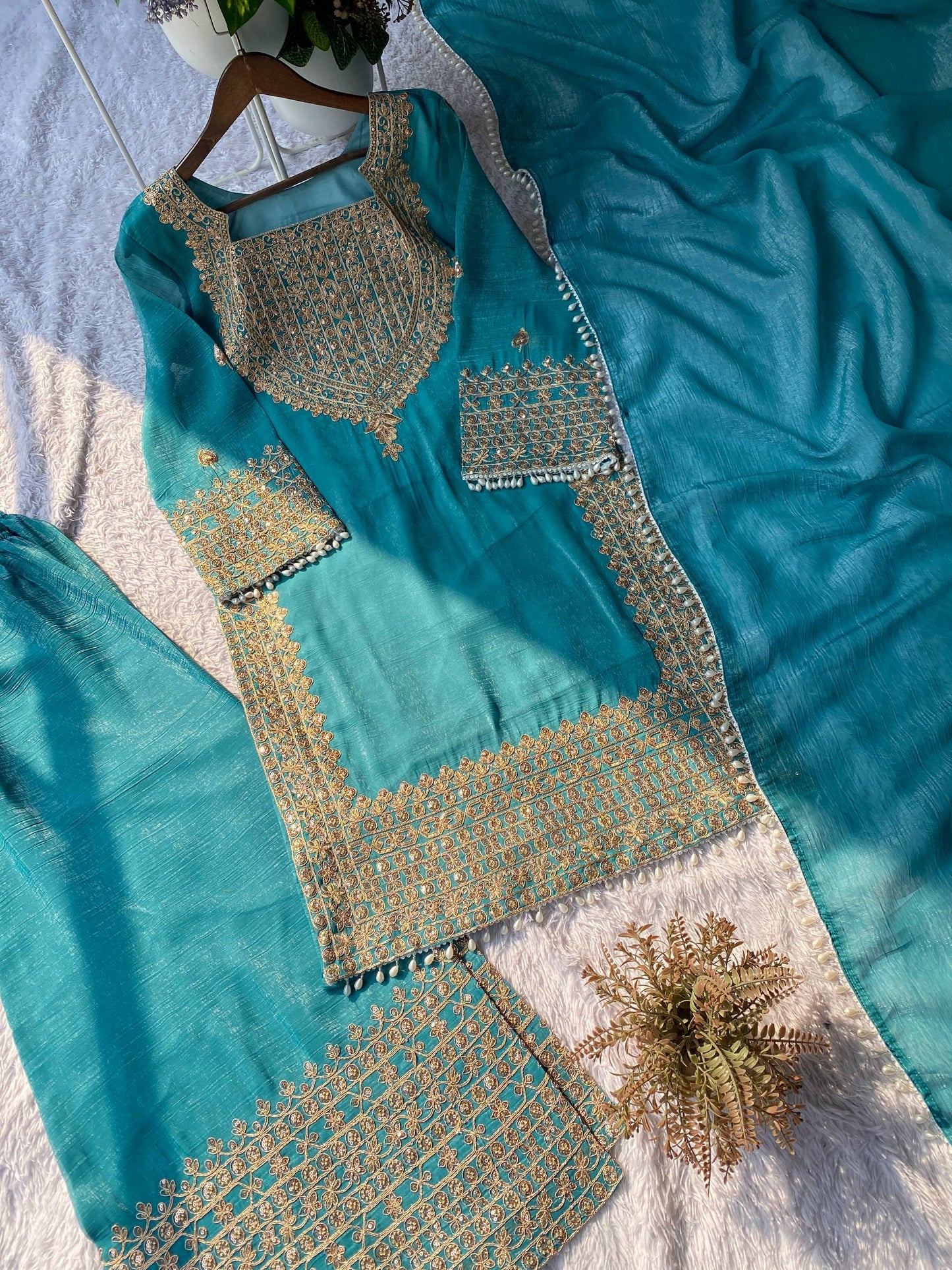 PERFECT FOR PARTY AND WEDDING OUR DESIGNER WEAR CORDING SEQUENCE EMBROIDERED TOP PLAZZO AND DUPATTA IN CHRUNCHY