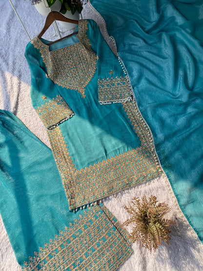 PERFECT FOR PARTY AND WEDDING OUR DESIGNER WEAR CORDING SEQUENCE EMBROIDERED TOP PLAZZO AND DUPATTA IN CHRUNCHY