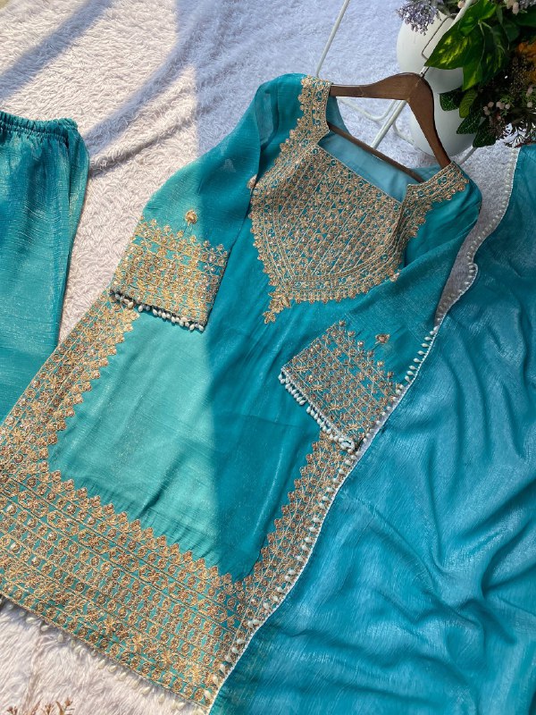 PERFECT FOR PARTY AND WEDDING OUR DESIGNER WEAR CORDING SEQUENCE EMBROIDERED TOP PLAZZO AND DUPATTA IN CHRUNCHY