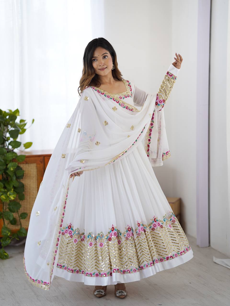 Elegant Embroidered Sequence Designer Anarkali Three Piece Set