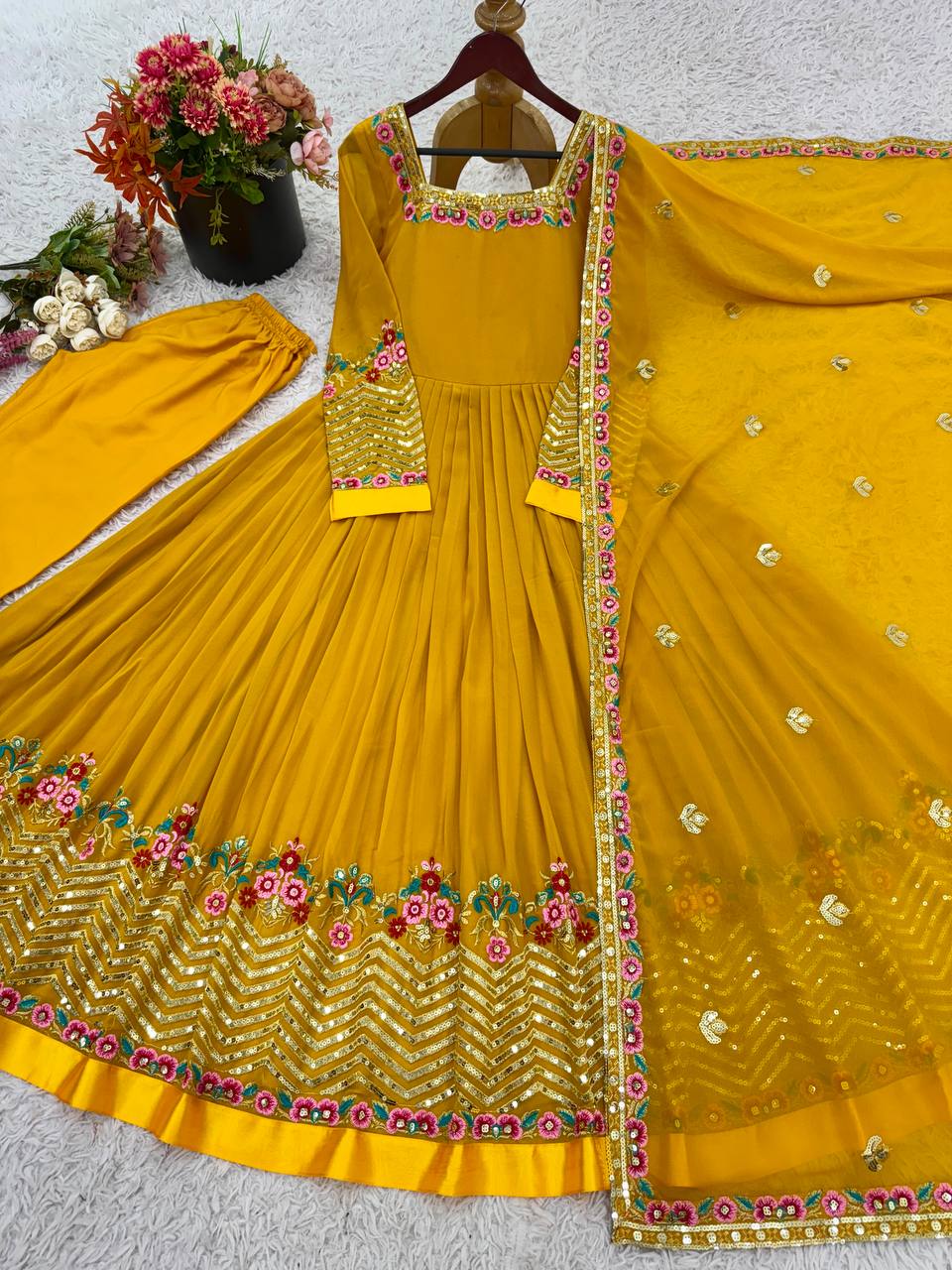 Elegant Embroidered Sequence Designer Anarkali Three Piece Set
