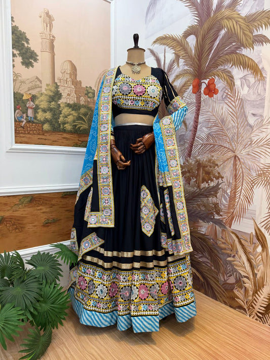 navrati  RAYON FABRIC WITH EMBROIDERY & MIRROR WORKLEHENGA, BLOUSE & DUPATTA SET