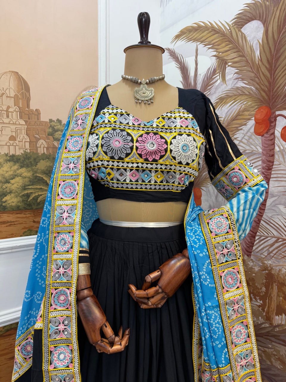 navrati  RAYON FABRIC WITH EMBROIDERY & MIRROR WORKLEHENGA, BLOUSE & DUPATTA SET