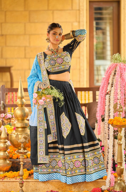 navrati  RAYON FABRIC WITH EMBROIDERY & MIRROR WORKLEHENGA, BLOUSE & DUPATTA SET