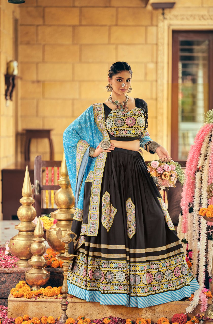 navrati  RAYON FABRIC WITH EMBROIDERY & MIRROR WORKLEHENGA, BLOUSE & DUPATTA SET