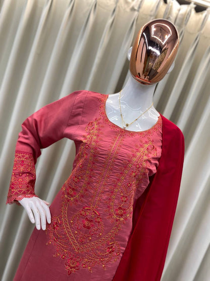 DESIGNER WEAR EXCLUSIVE SUIT IN ROMAN SILK FABRIC TOP AND PANT WITH DUPATTA IN GEORGETTE