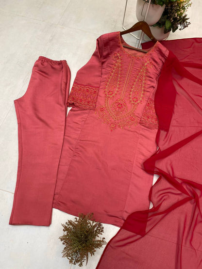 DESIGNER WEAR EXCLUSIVE SUIT IN ROMAN SILK FABRIC TOP AND PANT WITH DUPATTA IN GEORGETTE