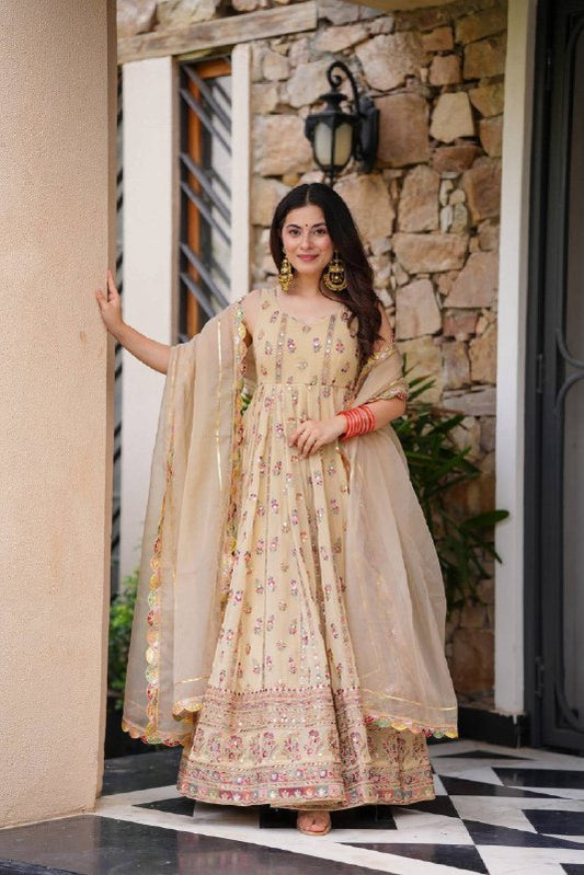 FULL FLAIR GOWN & DUPATTA WITH FULL HEAVY EMBROIDERY WORK ON SIMMER FABRIC