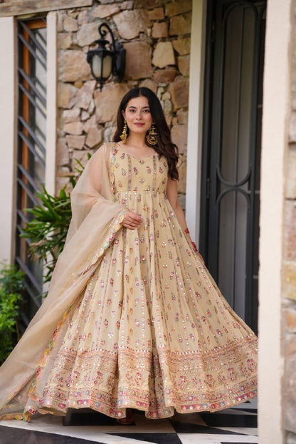 FULL FLAIR GOWN & DUPATTA WITH FULL HEAVY EMBROIDERY WORK ON SIMMER FABRIC