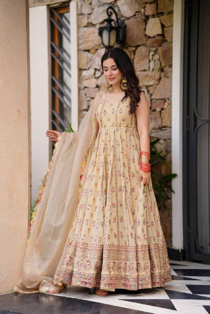 FULL FLAIR GOWN & DUPATTA WITH FULL HEAVY EMBROIDERY WORK ON SIMMER FABRIC