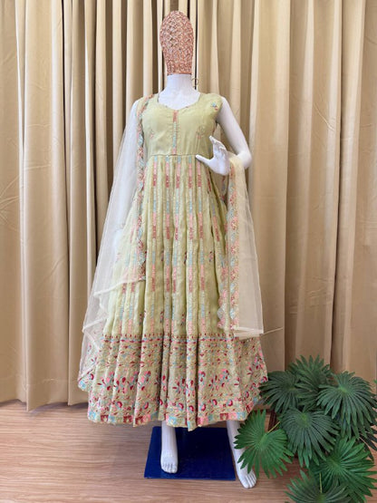 FULL FLAIR GOWN & DUPATTA WITH FULL HEAVY EMBROIDERY WORK ON SIMMER FABRIC
