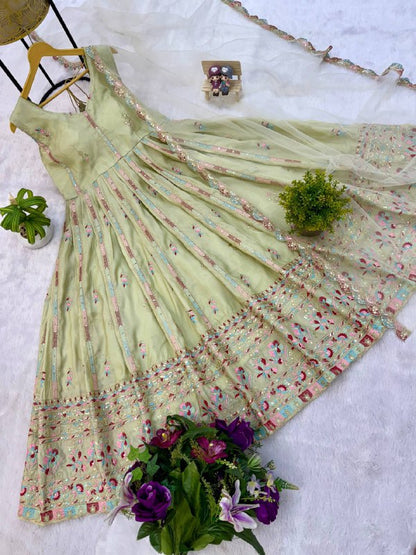 FULL FLAIR GOWN & DUPATTA WITH FULL HEAVY EMBROIDERY WORK ON SIMMER FABRIC