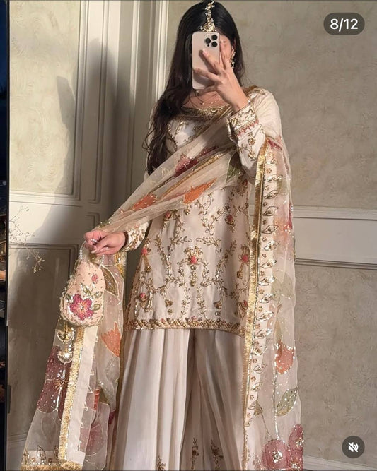 Đěsigner Party Wear Look Heavy Cinon Silk Top Sarara & Dupatta Set