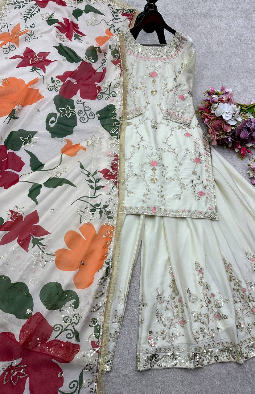 Đěsigner Party Wear Look Heavy Cinon Silk Top Sarara & Dupatta Set