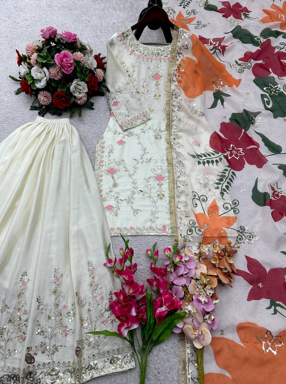 Đěsigner Party Wear Look Heavy Cinon Silk Top Sarara & Dupatta Set