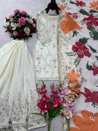 Đěsigner Party Wear Look Heavy Cinon Silk Top Sarara & Dupatta Set