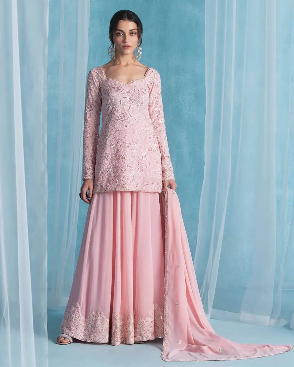 EXCLUSIVE DESIGNER SEQUANCE EMBROIDERY WORK SUIT IN GEORGETTE WITH KURTI, PLAZZO AND DUPATTA