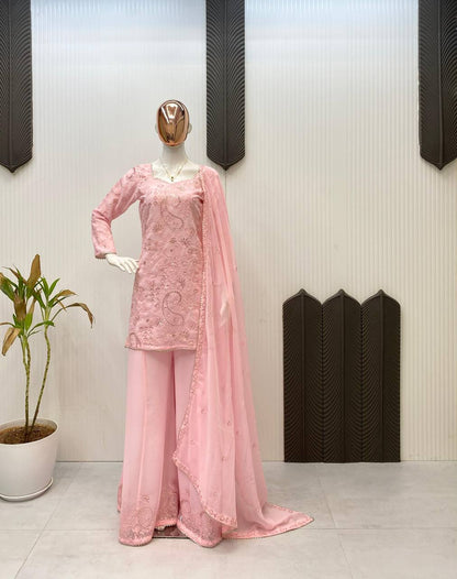 EXCLUSIVE DESIGNER SEQUANCE EMBROIDERY WORK SUIT IN GEORGETTE WITH KURTI, PLAZZO AND DUPATTA