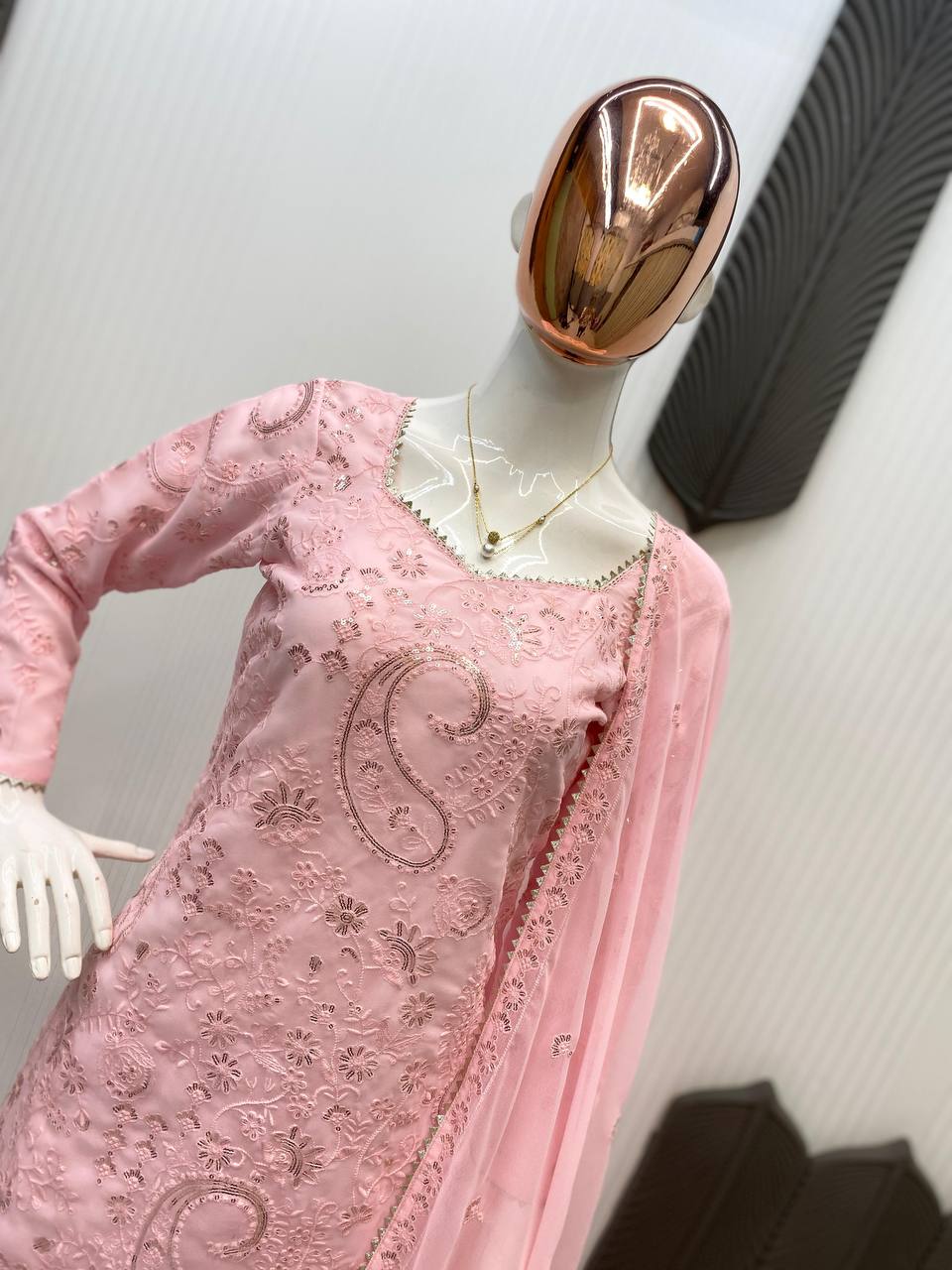 EXCLUSIVE DESIGNER SEQUANCE EMBROIDERY WORK SUIT IN GEORGETTE WITH KURTI, PLAZZO AND DUPATTA