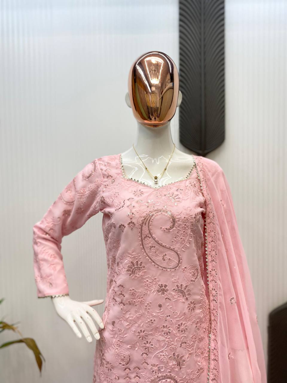 EXCLUSIVE DESIGNER SEQUANCE EMBROIDERY WORK SUIT IN GEORGETTE WITH KURTI, PLAZZO AND DUPATTA