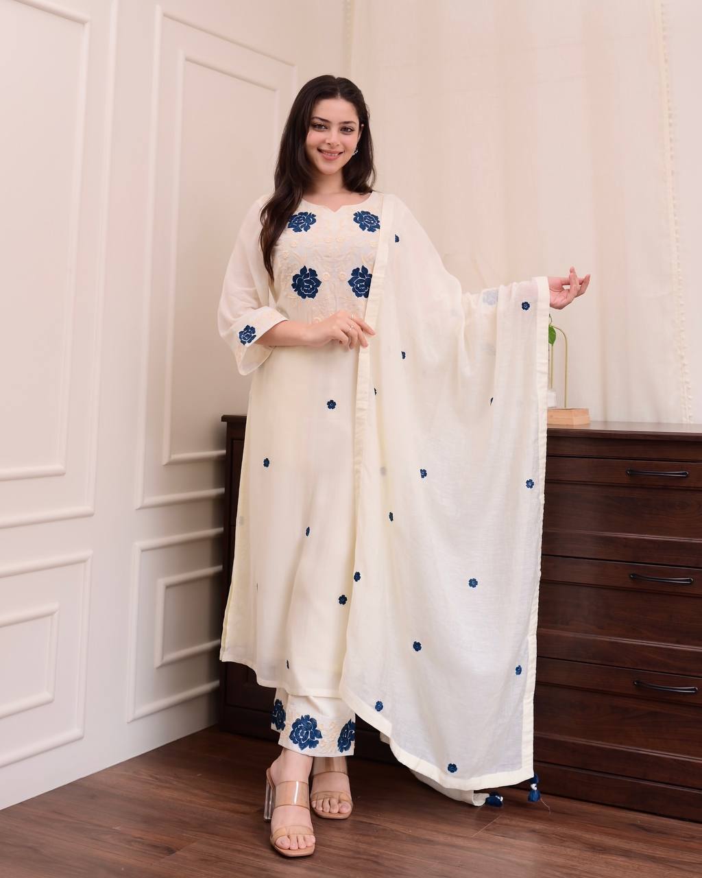 DESIGNER WEAR EXCLUSIVE SUIT IN EMBROIDERED ROMAN SILK FABRIC TOP AND PANT WITH DUPATTA PAIR