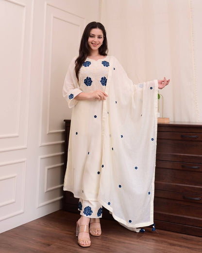DESIGNER WEAR EXCLUSIVE SUIT IN EMBROIDERED ROMAN SILK FABRIC TOP AND PANT WITH DUPATTA PAIR