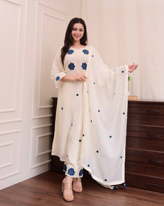 DESIGNER WEAR EXCLUSIVE SUIT IN EMBROIDERED ROMAN SILK FABRIC TOP AND PANT WITH DUPATTA PAIR
