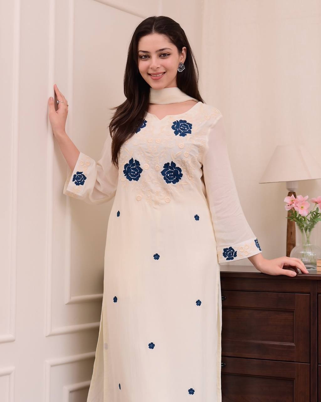 DESIGNER WEAR EXCLUSIVE SUIT IN EMBROIDERED ROMAN SILK FABRIC TOP AND PANT WITH DUPATTA PAIR