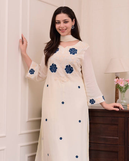 DESIGNER WEAR EXCLUSIVE SUIT IN EMBROIDERED ROMAN SILK FABRIC TOP AND PANT WITH DUPATTA PAIR