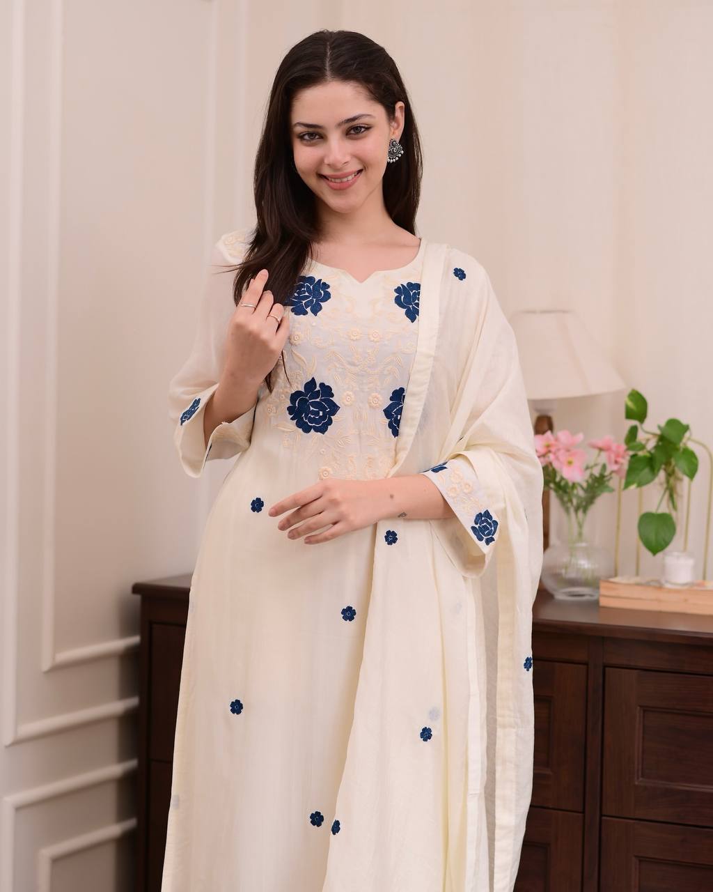 DESIGNER WEAR EXCLUSIVE SUIT IN EMBROIDERED ROMAN SILK FABRIC TOP AND PANT WITH DUPATTA PAIR