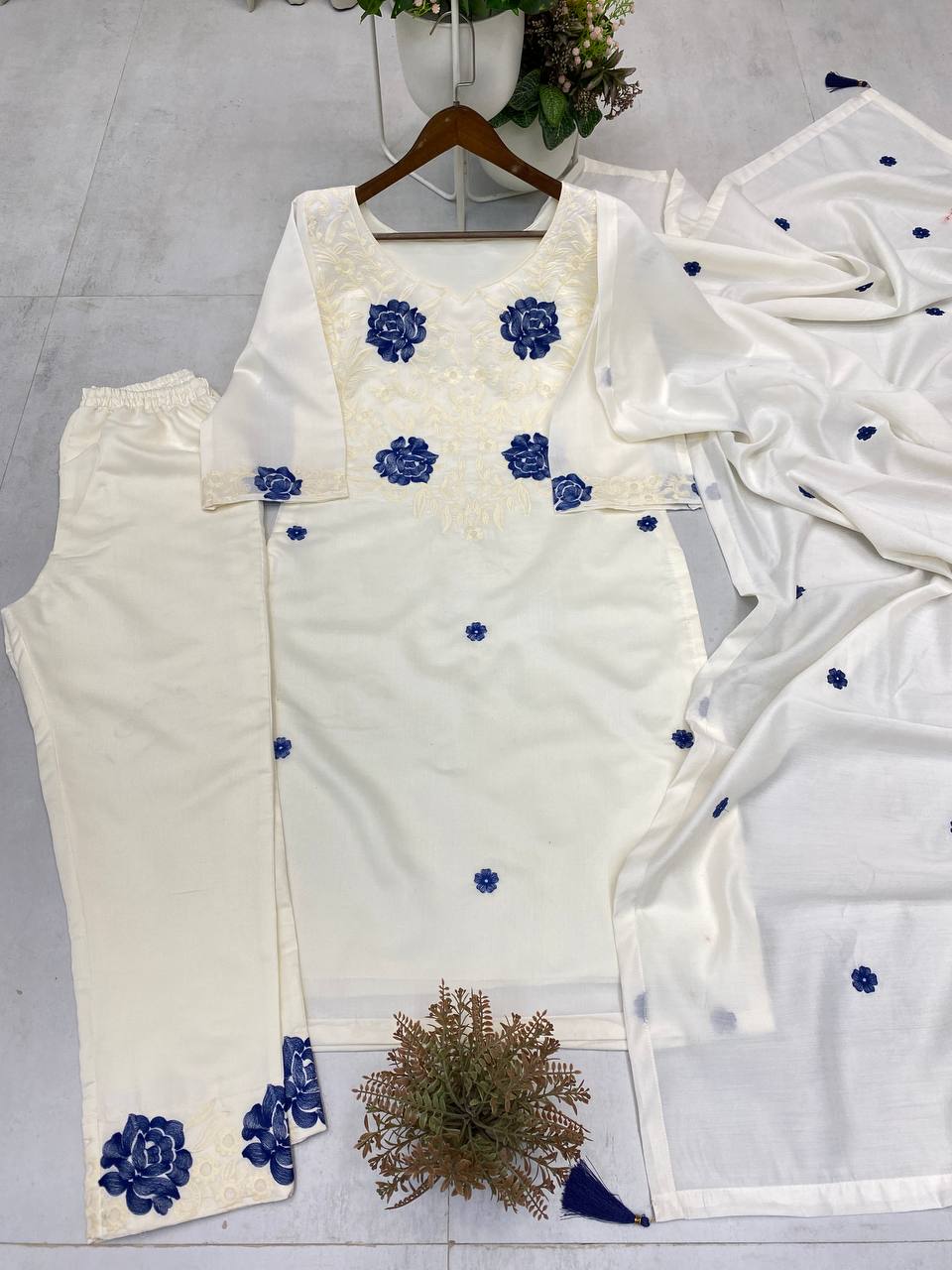 DESIGNER WEAR EXCLUSIVE SUIT IN EMBROIDERED ROMAN SILK FABRIC TOP AND PANT WITH DUPATTA PAIR