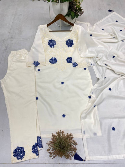 DESIGNER WEAR EXCLUSIVE SUIT IN EMBROIDERED ROMAN SILK FABRIC TOP AND PANT WITH DUPATTA PAIR