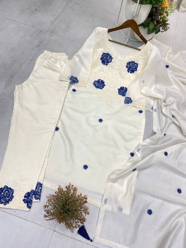 DESIGNER WEAR EXCLUSIVE SUIT IN EMBROIDERED ROMAN SILK FABRIC TOP AND PANT WITH DUPATTA PAIR