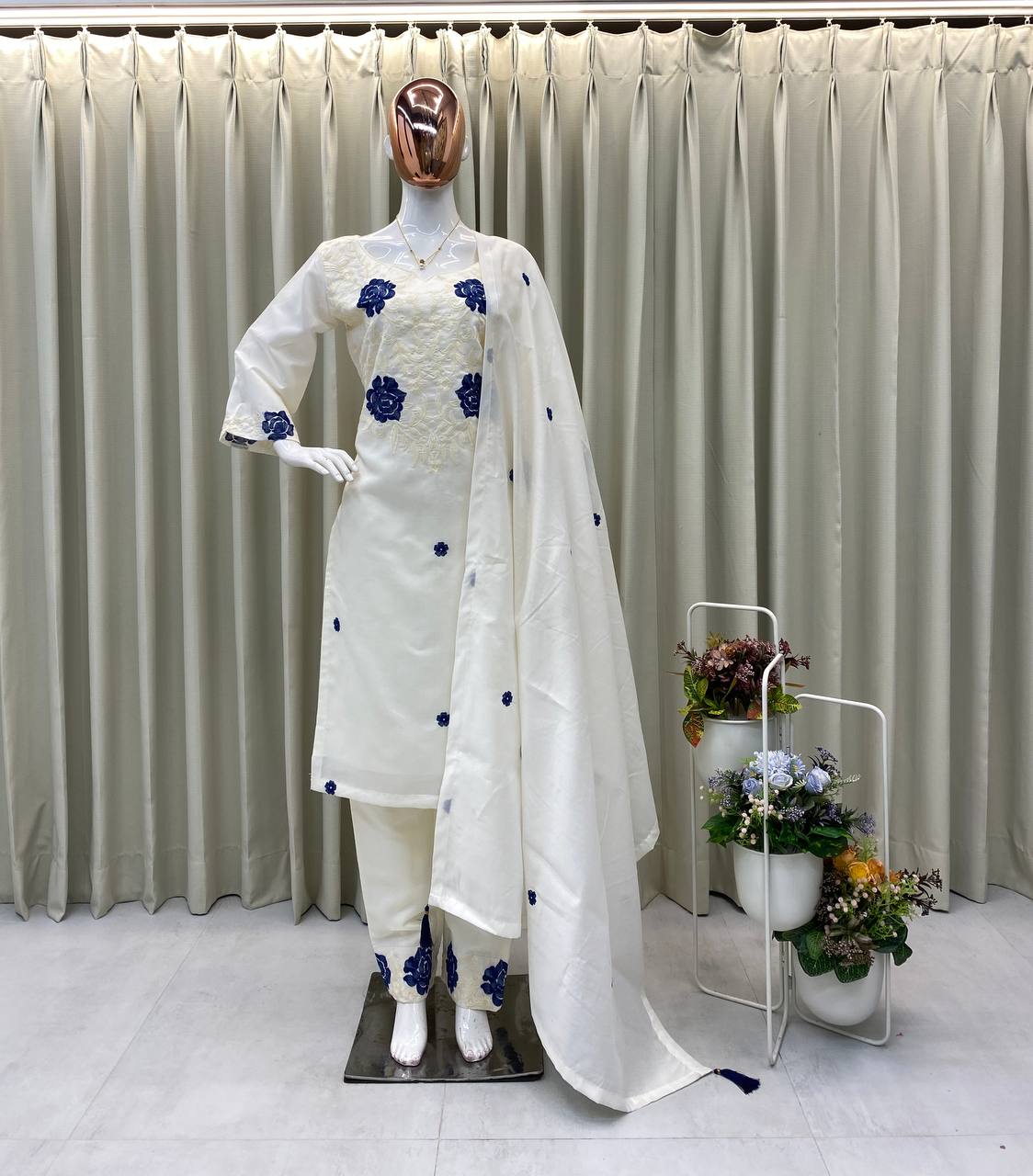 DESIGNER WEAR EXCLUSIVE SUIT IN EMBROIDERED ROMAN SILK FABRIC TOP AND PANT WITH DUPATTA PAIR