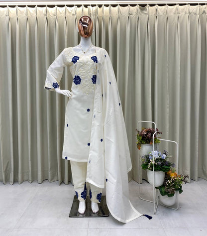 DESIGNER WEAR EXCLUSIVE SUIT IN EMBROIDERED ROMAN SILK FABRIC TOP AND PANT WITH DUPATTA PAIR